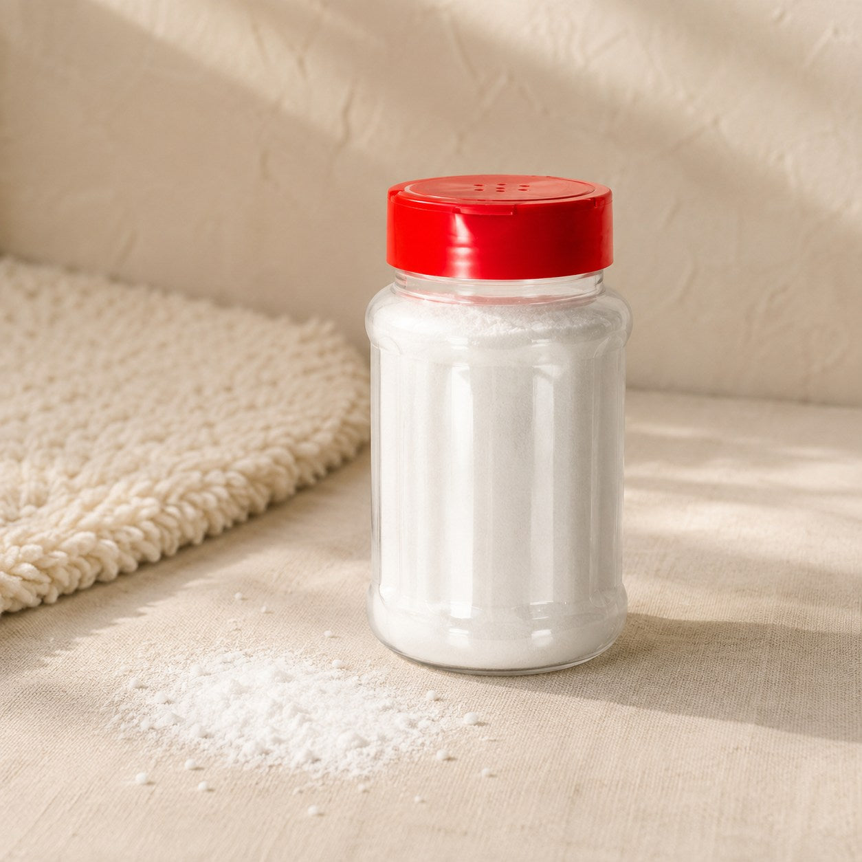 Scented carpet and mattress freshening powder in a red lidded shaker
