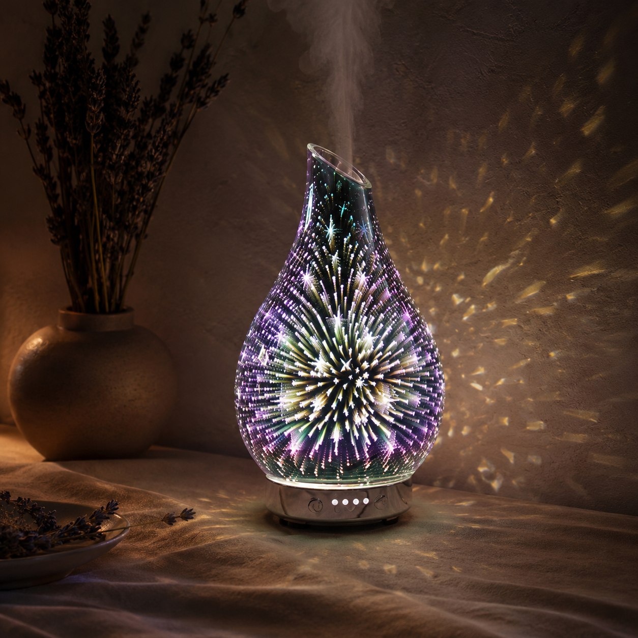 Lit starry night aroma humidifier diffuser releasing a plume of scented mist, with a projected starfield glowing around it