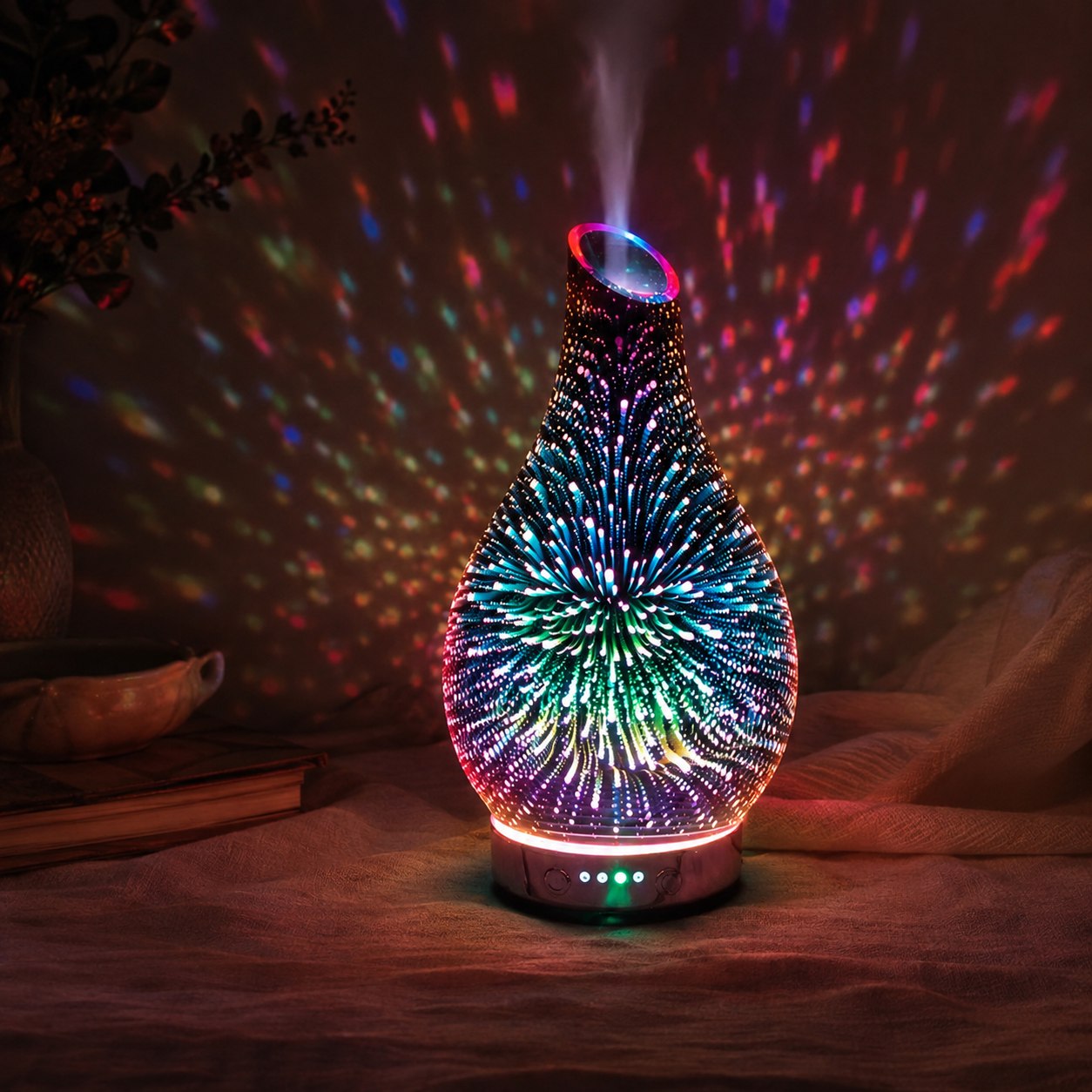 Lit 3D flame effect aroma humidifier diffuser with a flickering amber glow, releasing a plume of scented mist
