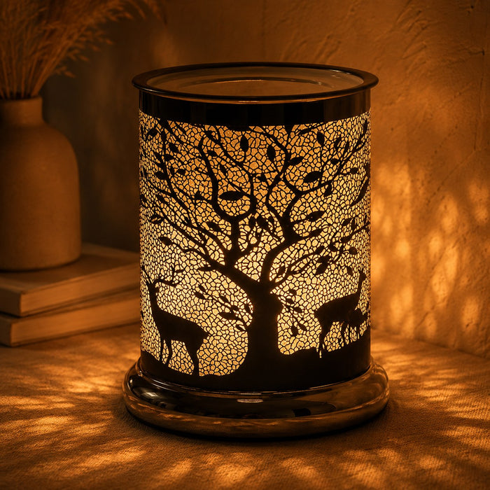Stag Silhouette Electric Wax Melt Burner lit in the dark