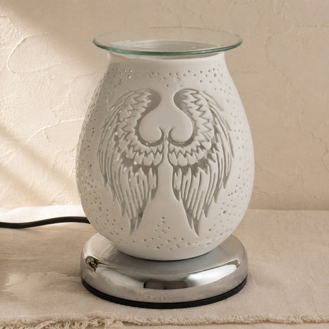 White satin angel wings electric wax melt burner
