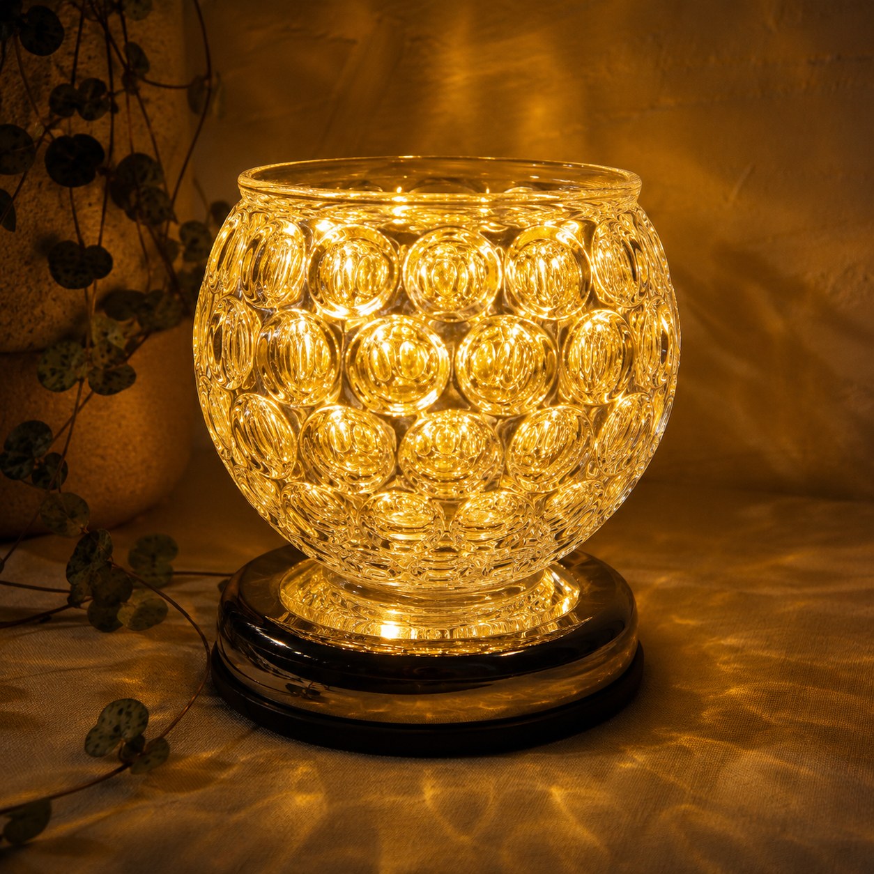 Glass lustre burner lit at night