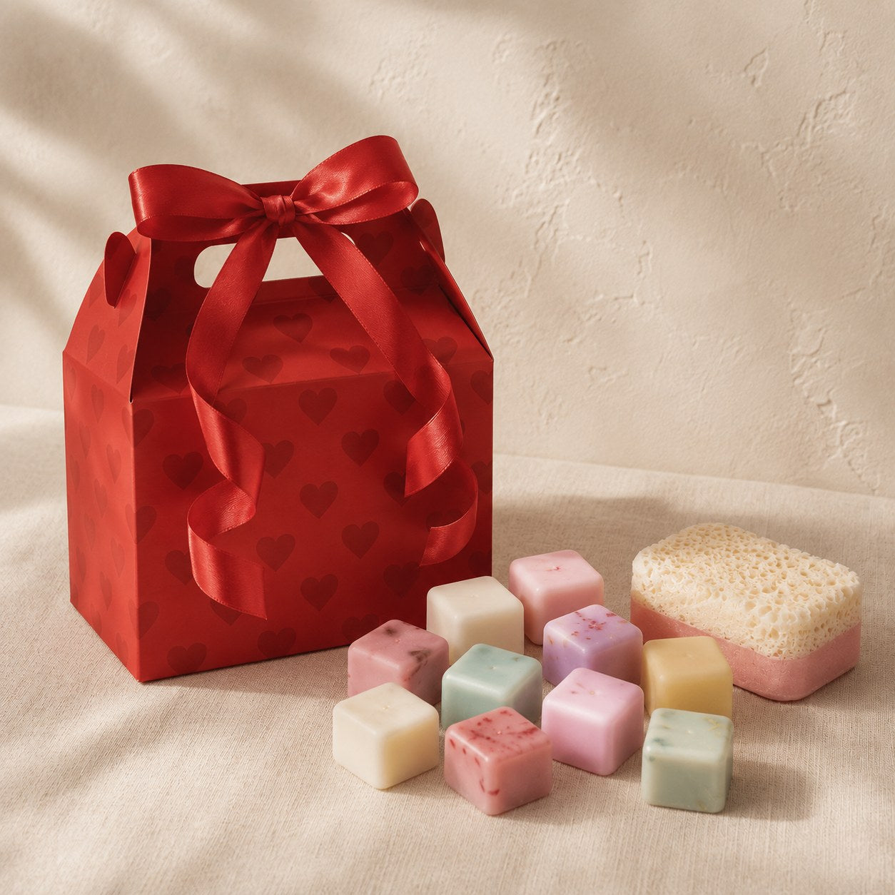 Red heart print gift box with wax melts and an exfoliating soap sponge