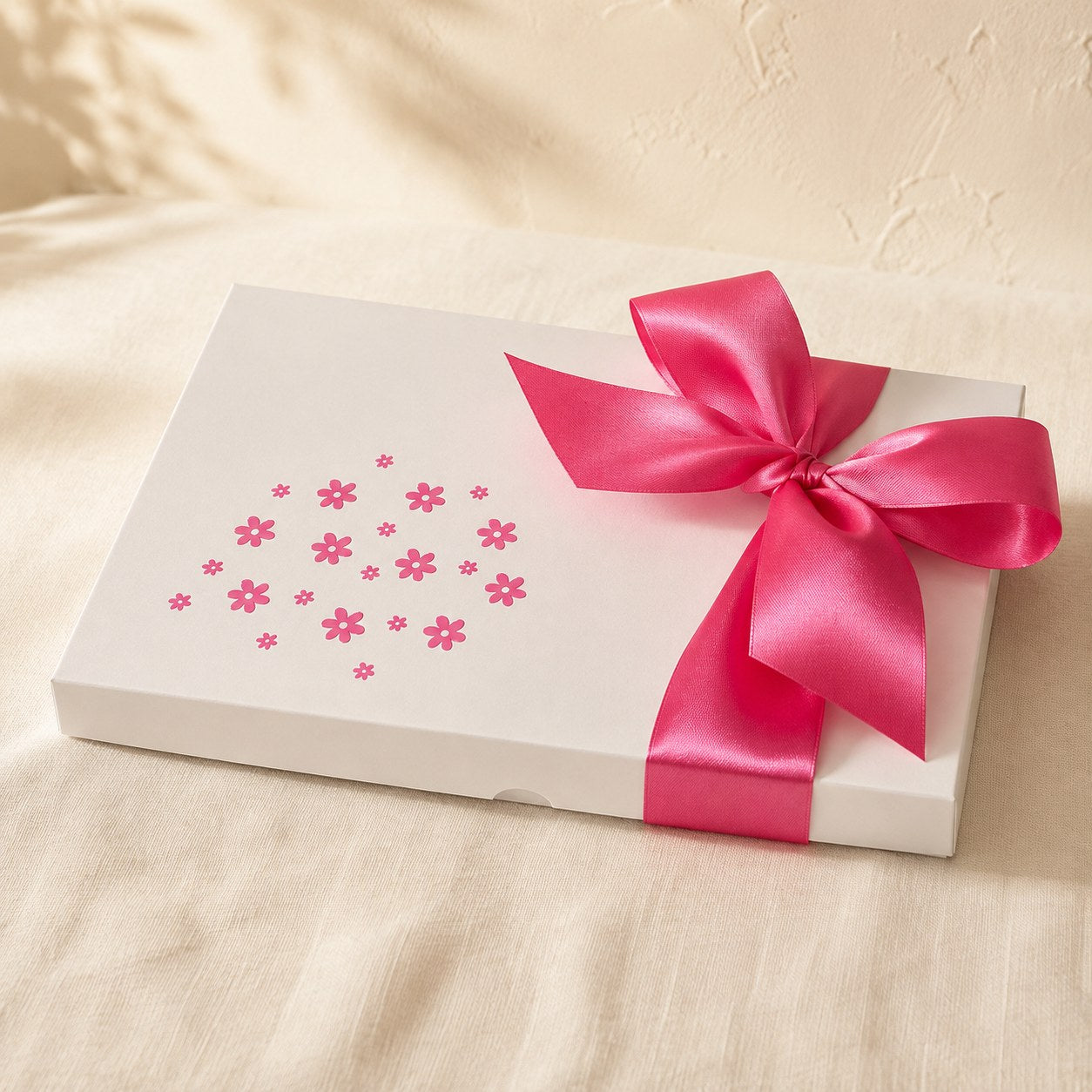 White gift box with printed pink daisies and a bright pink satin bow