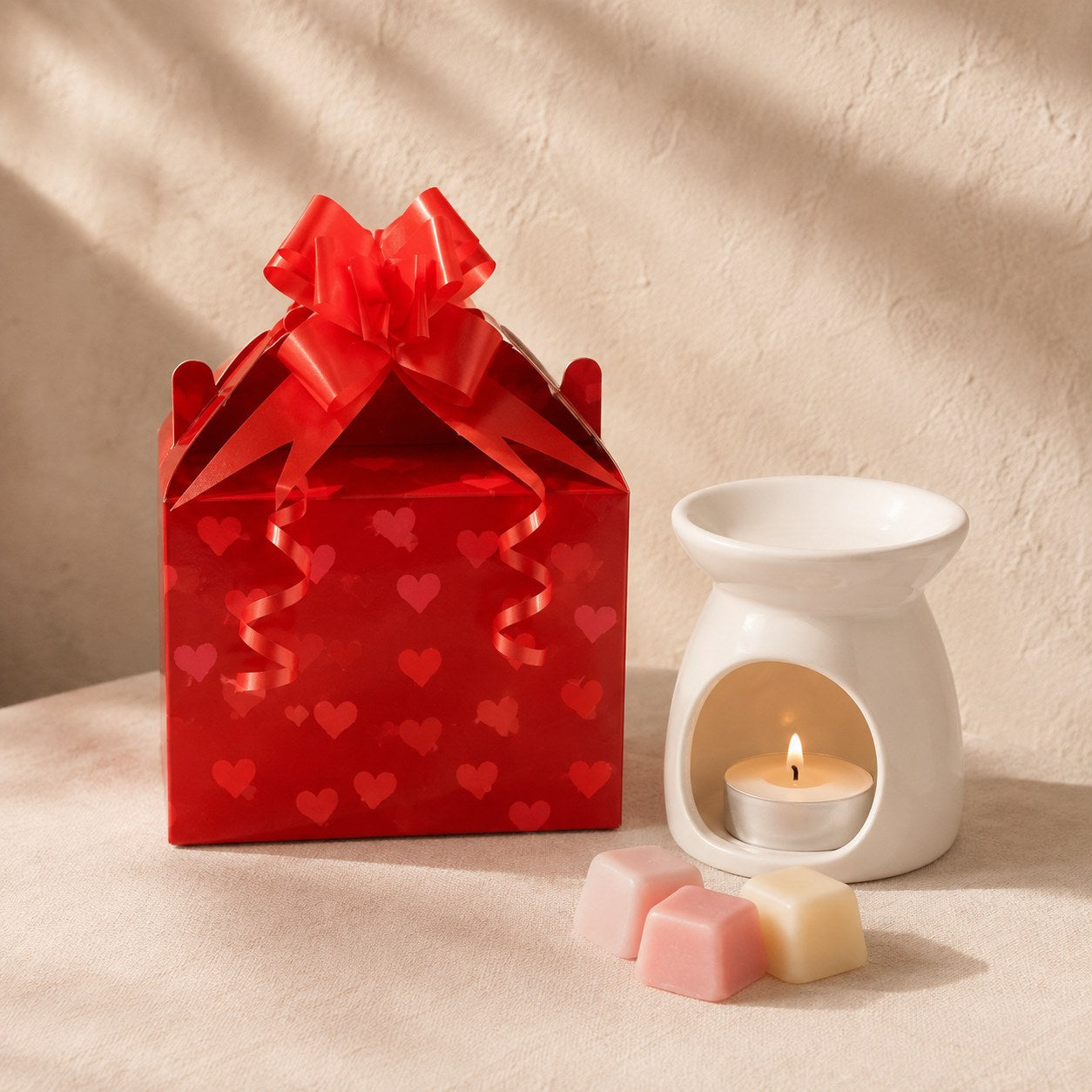 Red heart print gift box with a red pull bow, a white ceramic burner and wax melts