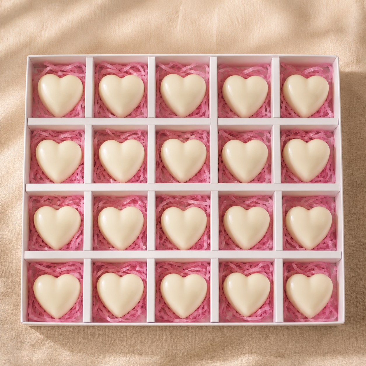 Compartment gift box of twenty cream heart shaped wax melts on pink tissue