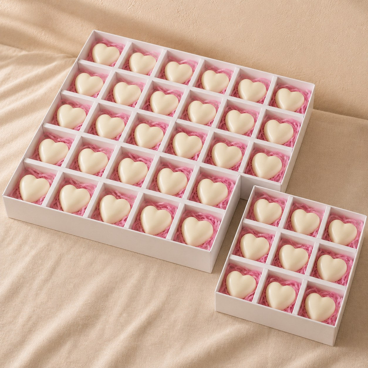 Large compartment gift box of thirty cream heart shaped wax melts