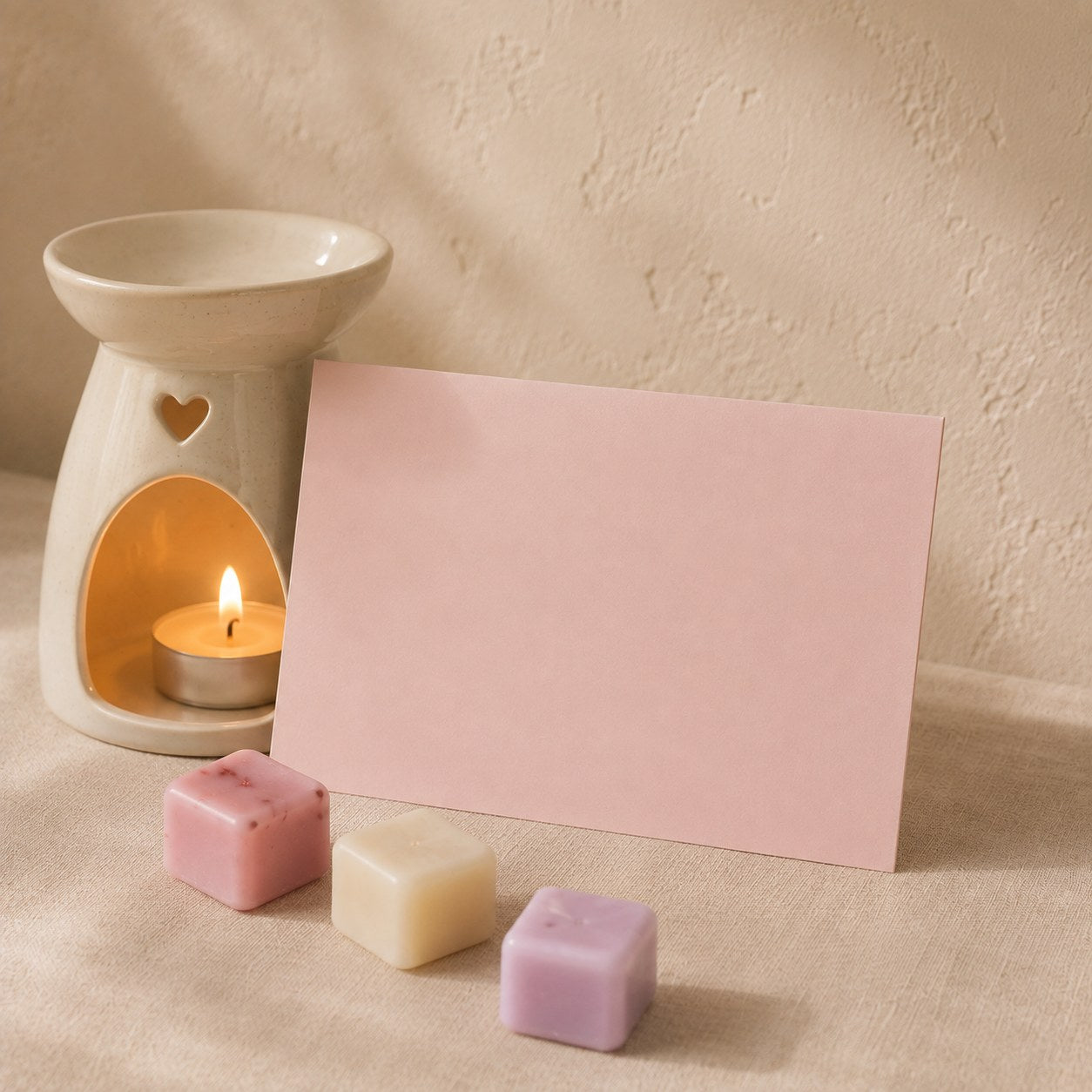 Blush pink gift card leaning against a lit ceramic wax burner with melts