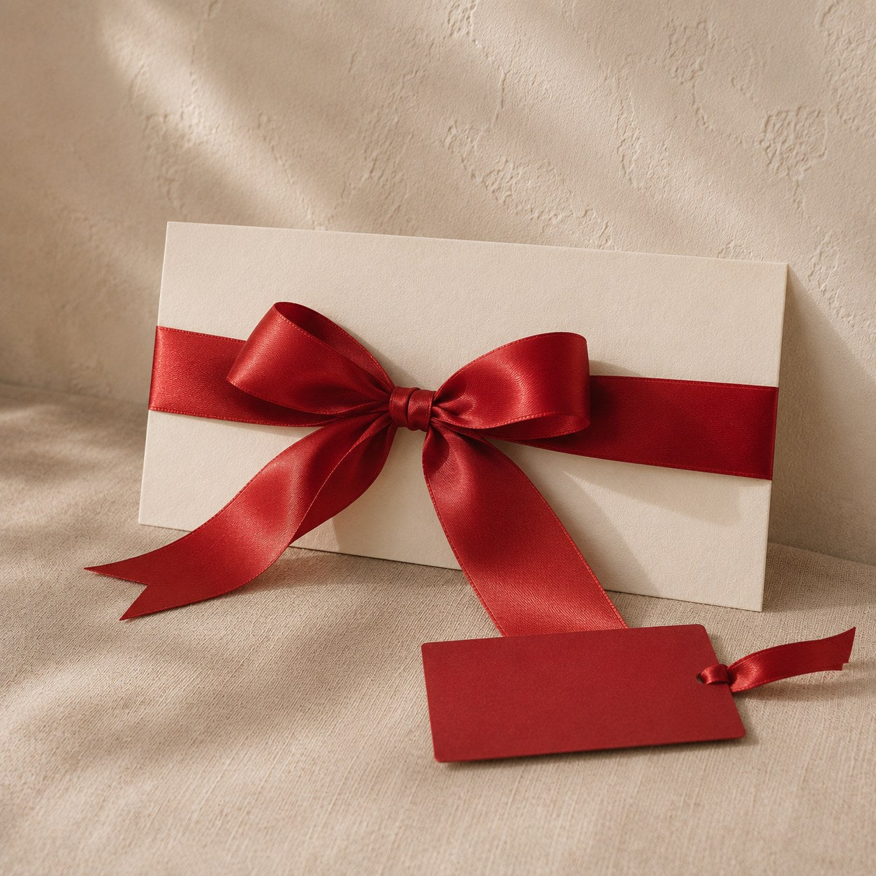 Cream gift voucher card with a red satin ribbon bow and a red tag