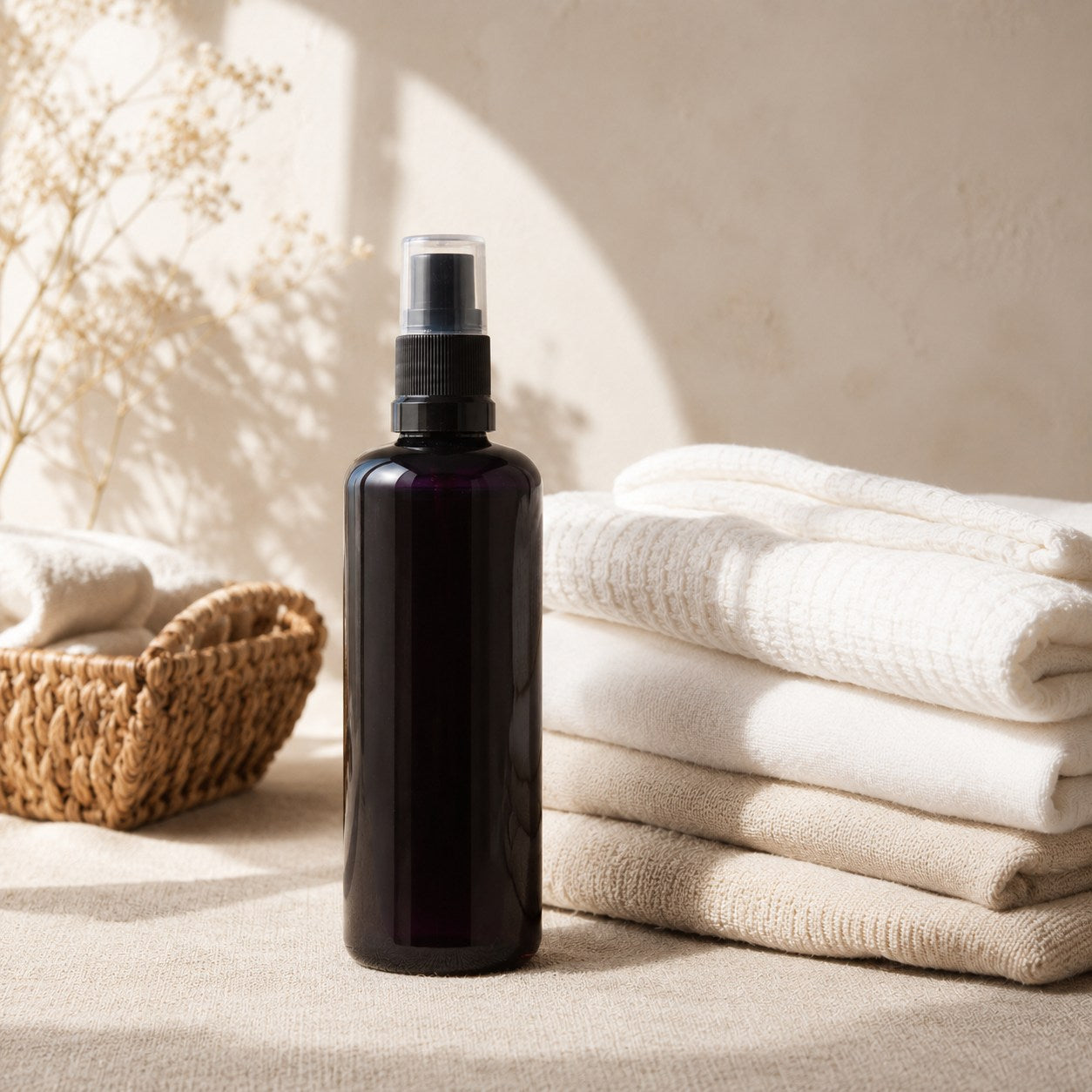 Clean and laundry fresh fabric and room spray beside folded towels