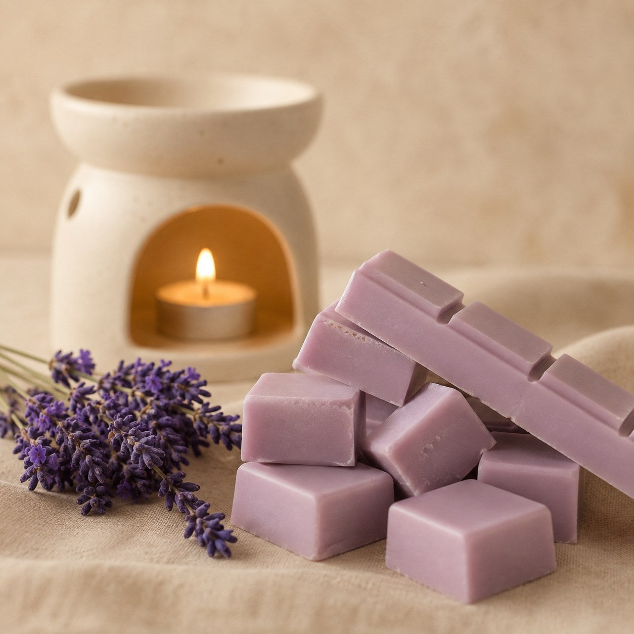 Lavender wax melts with fresh lavender and a lit ceramic burner