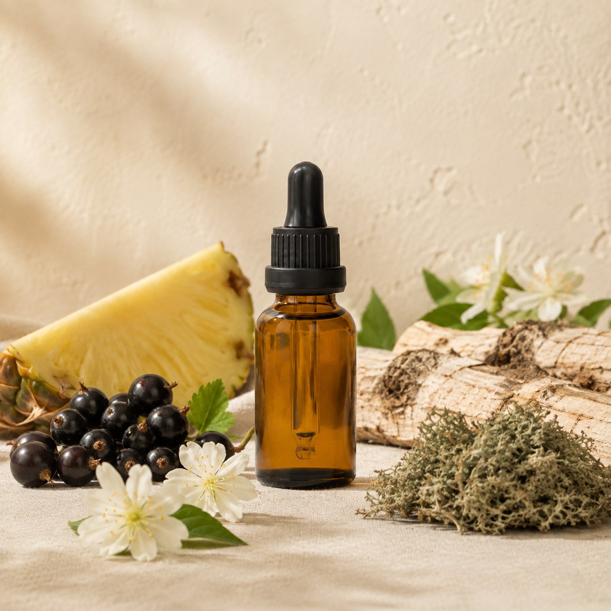 Adventurous fragrance oil in an amber glass dropper bottle with sliced pineapple, blackcurrants and jasmine flowers
