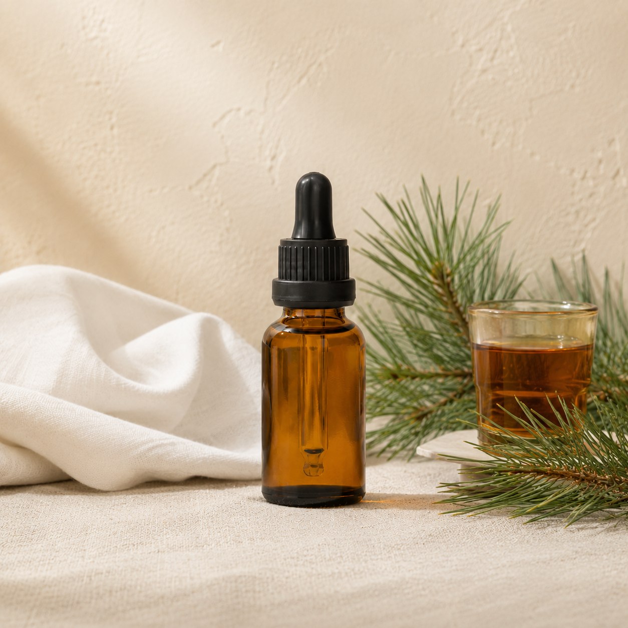 Anti-Septic fragrance oil in an amber glass dropper bottle with clean white cloth, pine sprigs and amber medicinal liquid