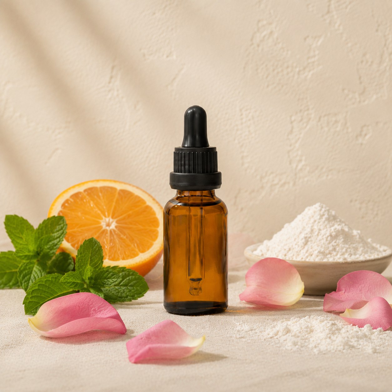 Baby Powder fragrance oil in an amber glass dropper bottle with loose talcum powder, pink rose petals and orange slice