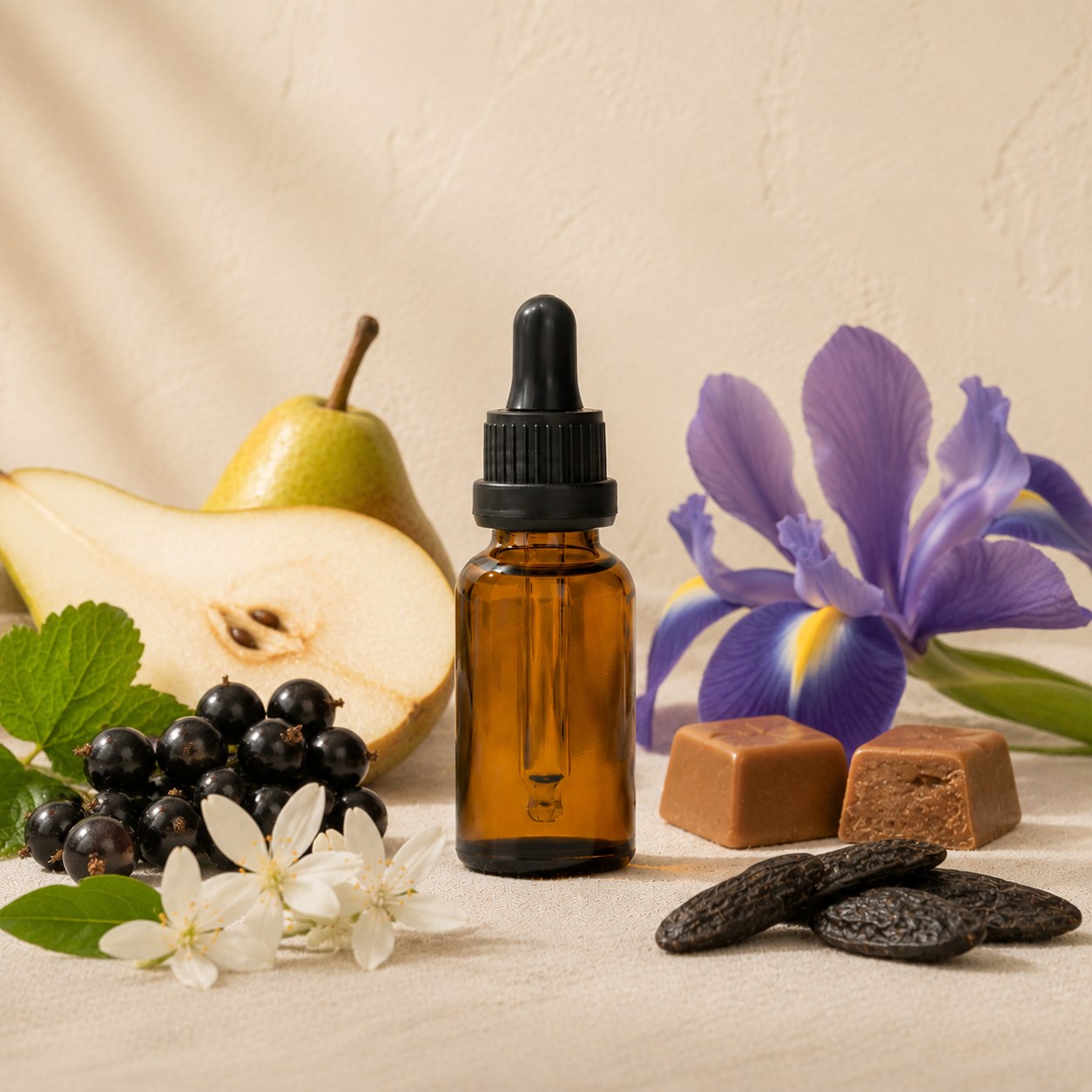 Belle fragrance oil in an amber glass dropper bottle with blackcurrants, praline and sliced pear