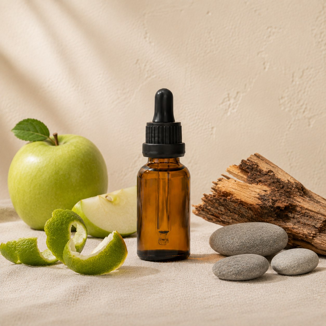 Bossy fragrance oil in an amber glass dropper bottle with green apple, bergamot peel and cedar wood