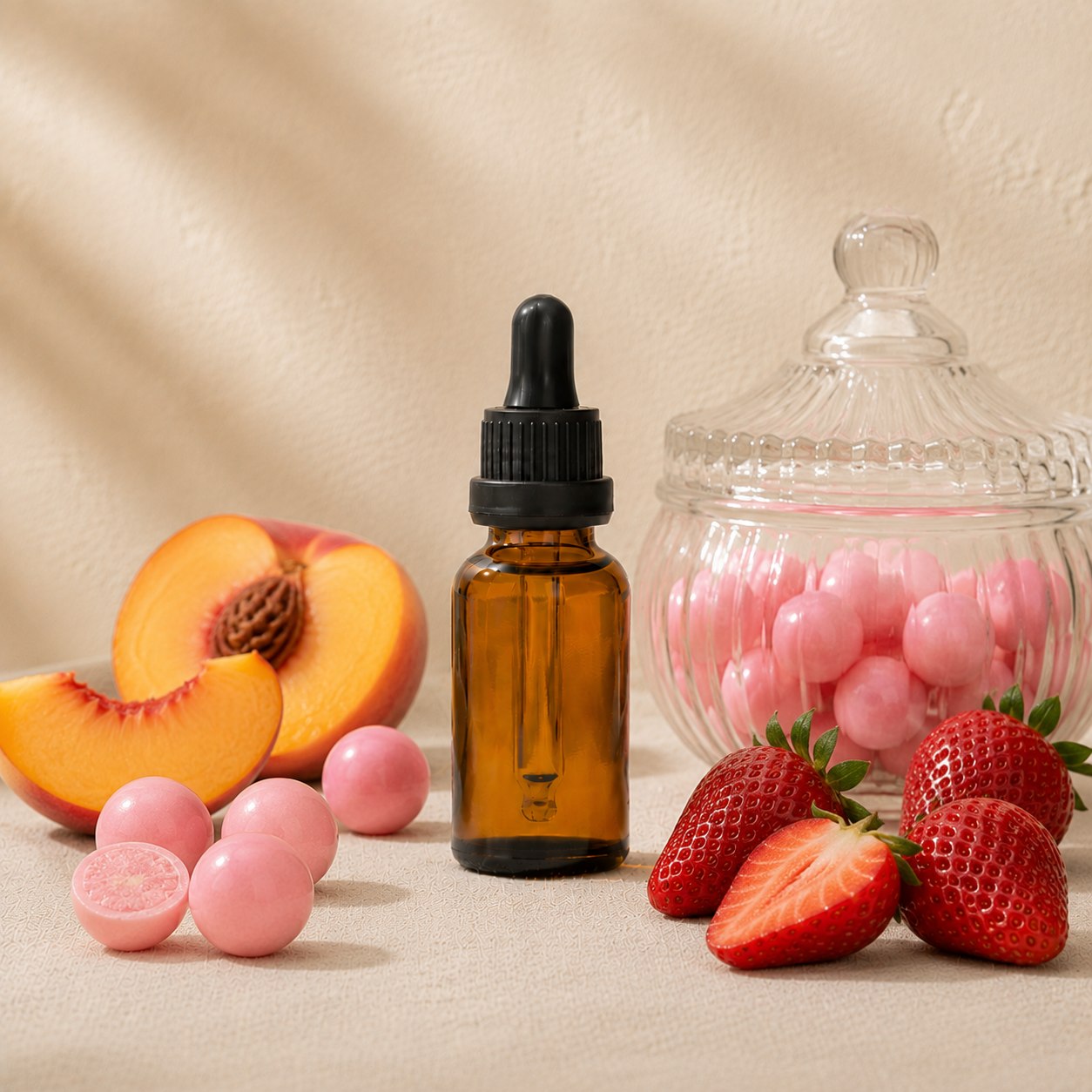 Bubblegum fragrance oil in an amber glass dropper bottle with pink bubblegum balls, peach slices and strawberries