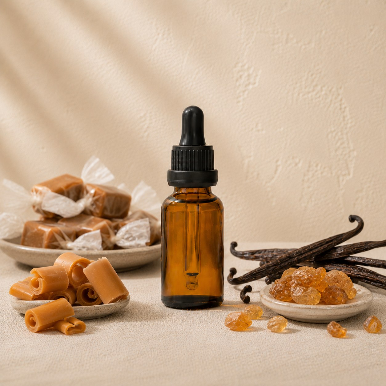 Candy Girl fragrance oil in an amber glass dropper bottle with caramel curls, vanilla pods and amber resin