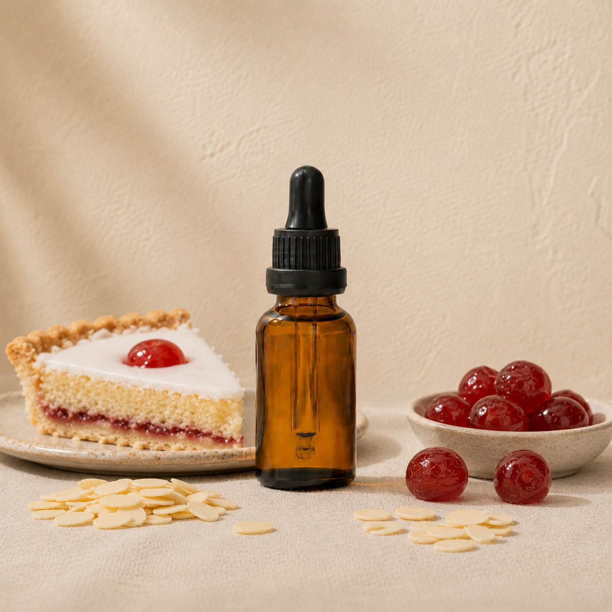 Cherry Bakewell fragrance oil in an amber glass dropper bottle with cherry bakewell tart slice, glace cherries and flaked almonds