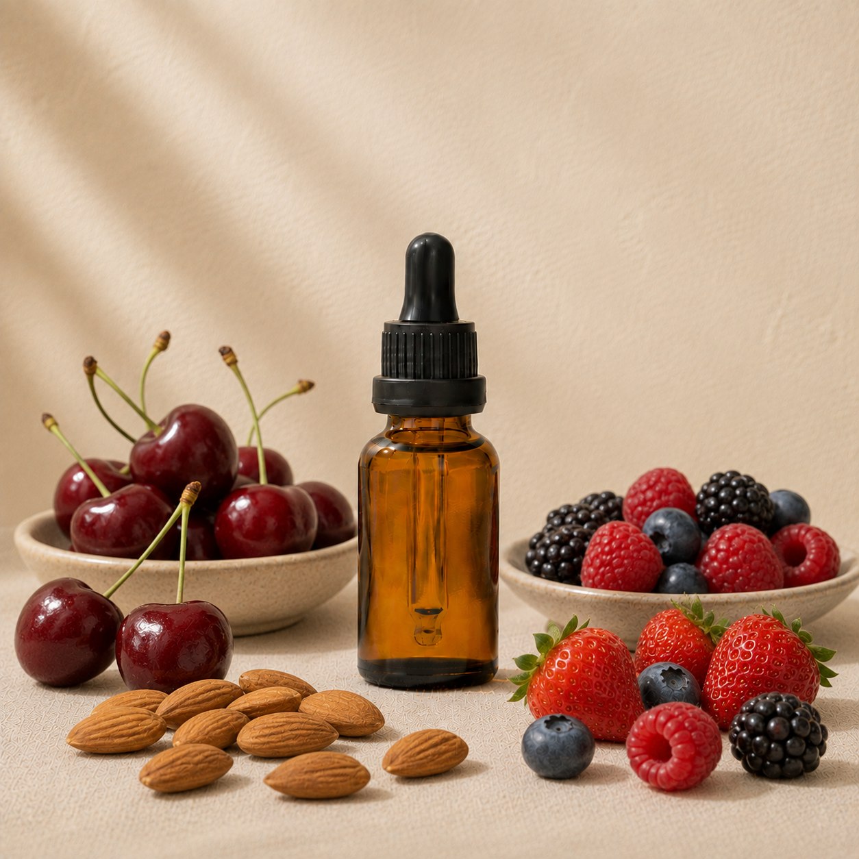 Cherry fragrance oil in an amber glass dropper bottle with plump red cherries, summer berries and whole almonds