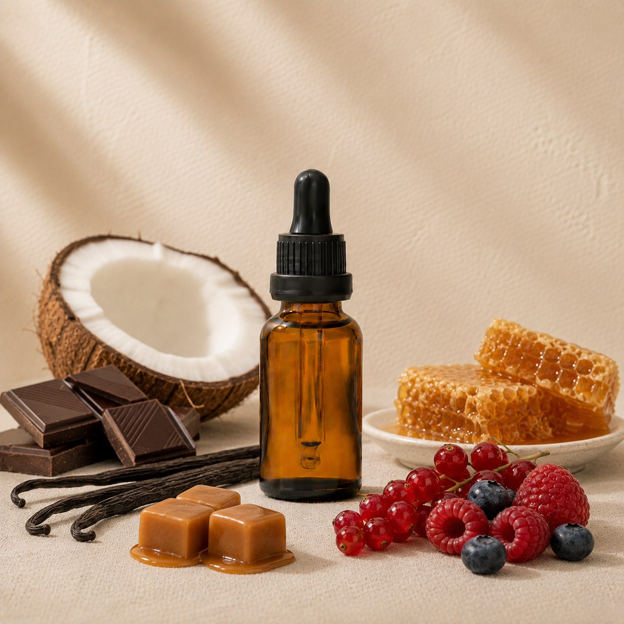 Cherub fragrance oil in an amber glass dropper bottle with vanilla pods, coconut and dark chocolate