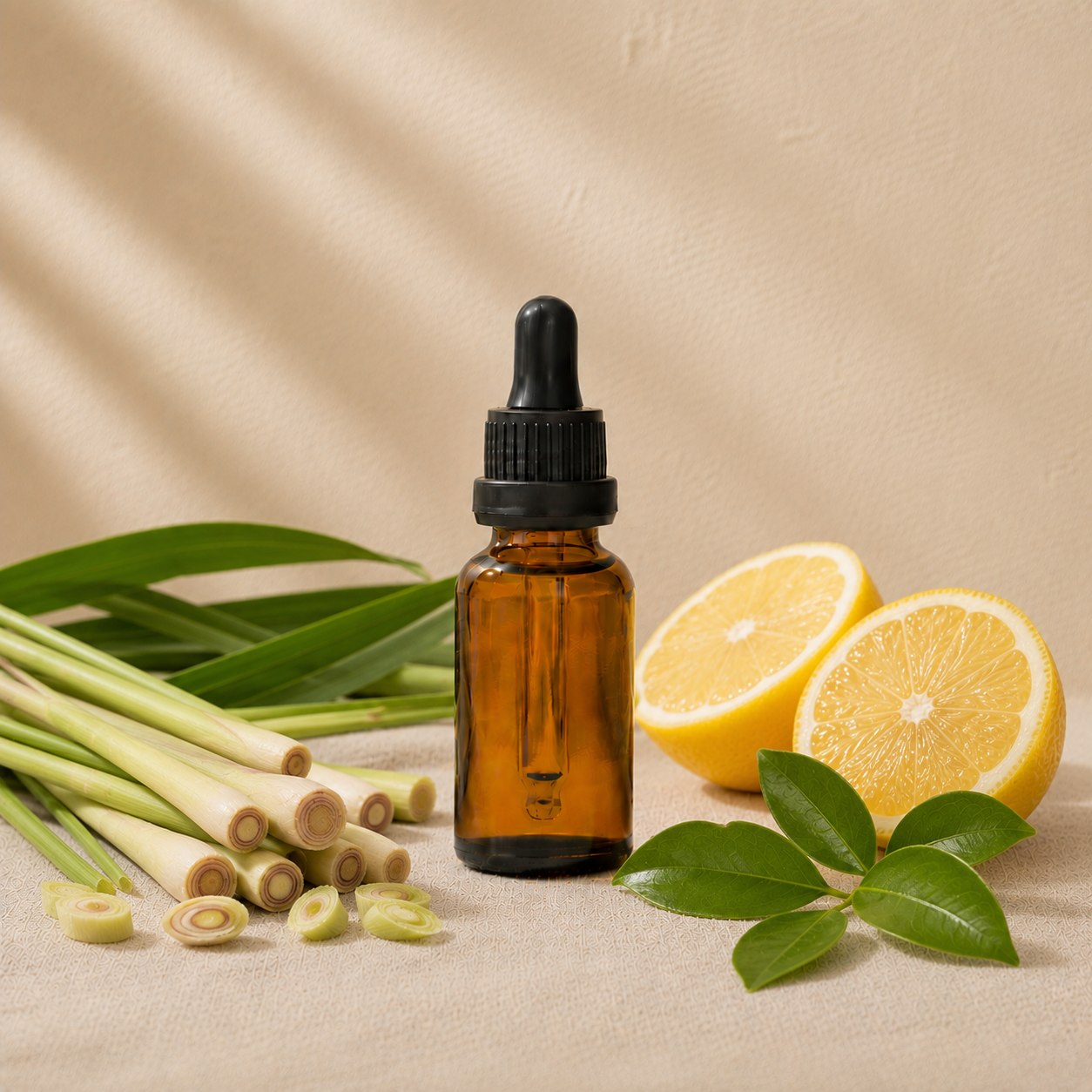 Citronella fragrance oil in an amber glass dropper bottle with citronella stalks, lemon halves and green leaves