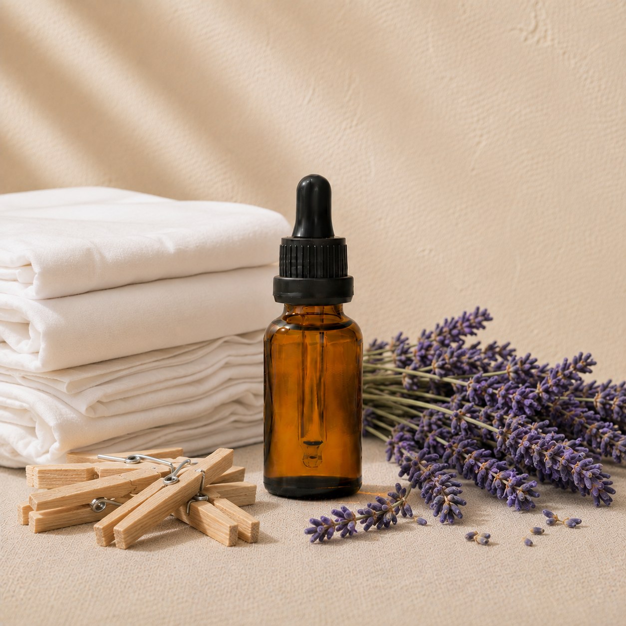 Clean Cotton fragrance oil in an amber glass dropper bottle with folded white cotton sheets, wooden pegs and lavender sprigs