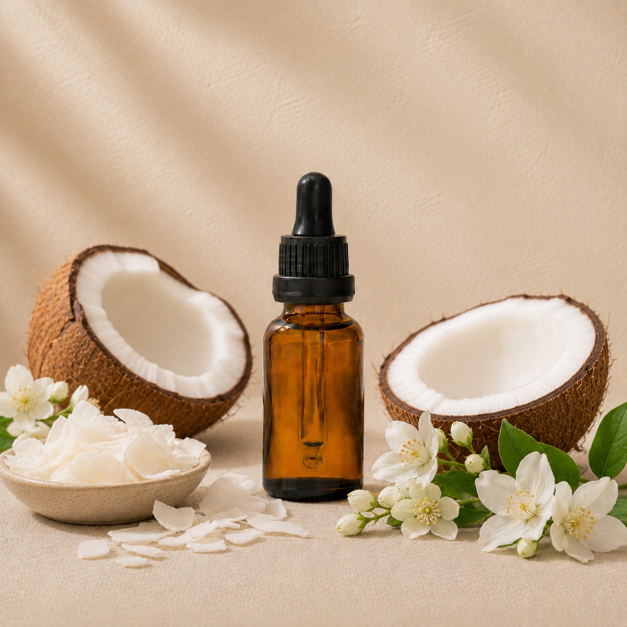 Coconut fragrance oil in an amber glass dropper bottle with cracked coconut halves, coconut flakes and white blossom