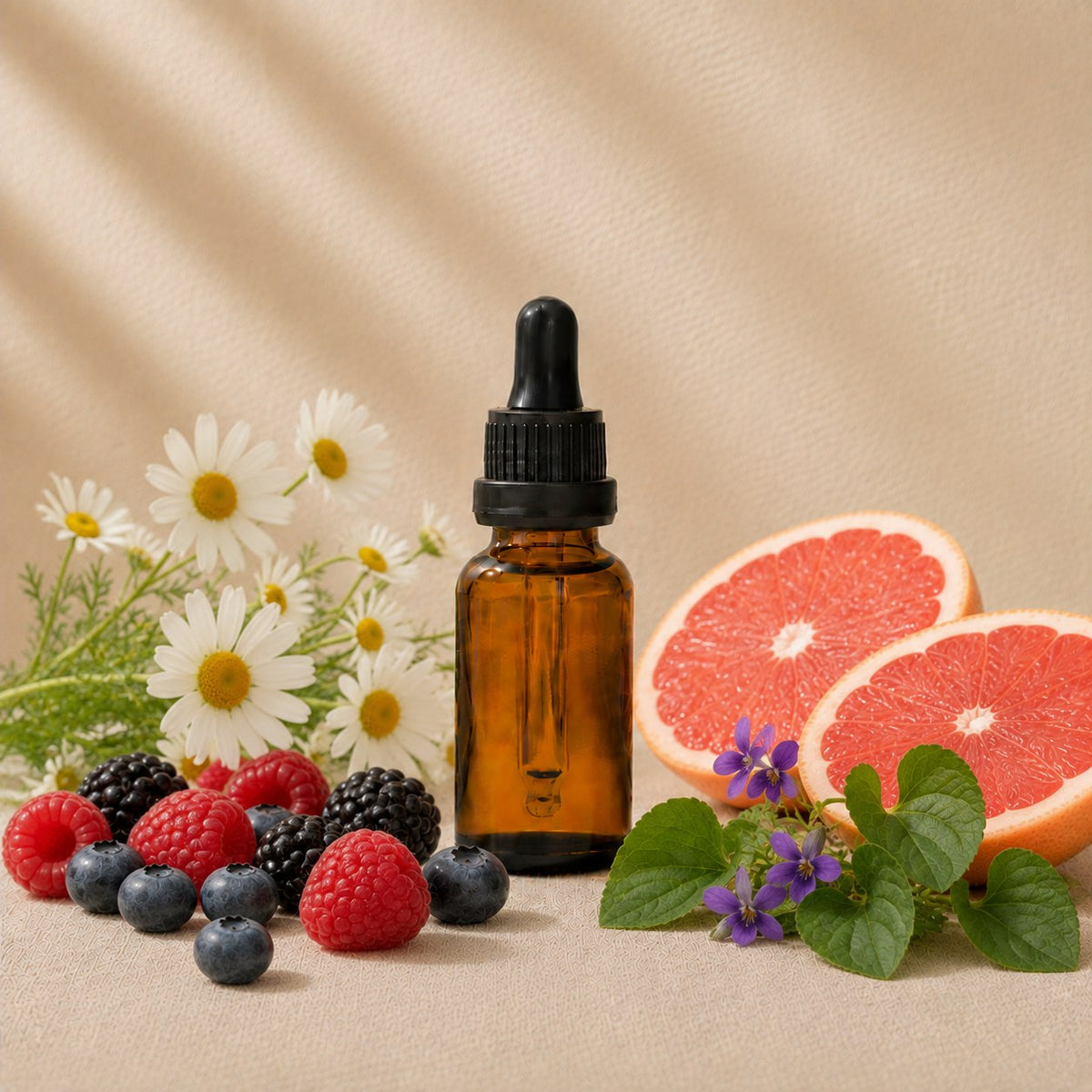 Daizy fragrance oil in an amber glass dropper bottle with white daisies, wild berries and violet leaves
