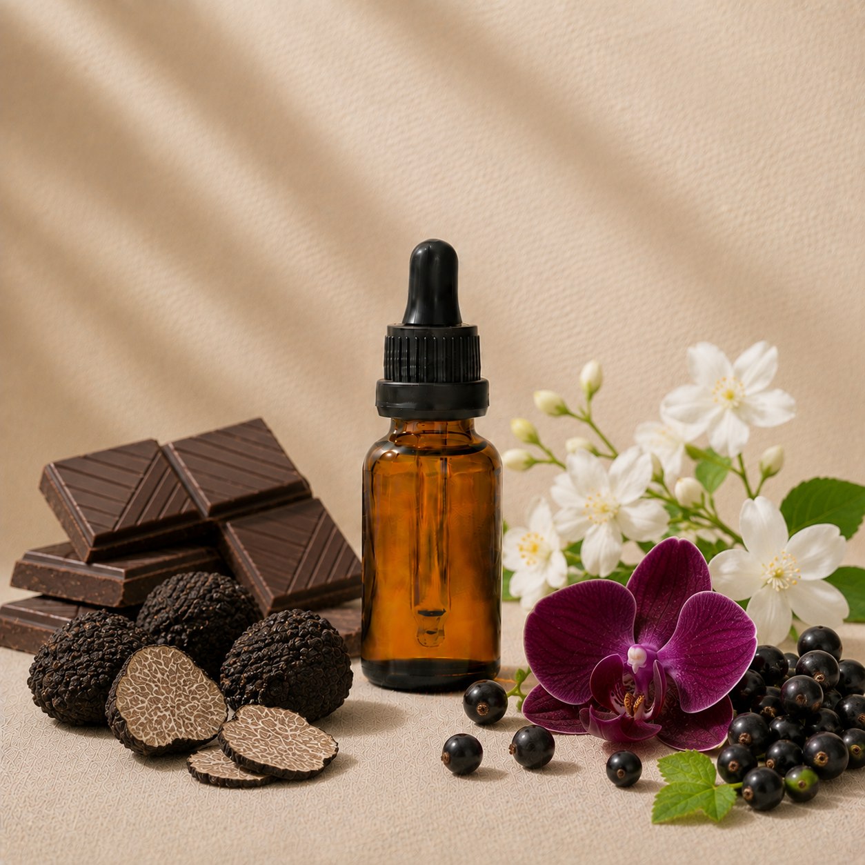 Dark Orchard fragrance oil in an amber glass dropper bottle with black truffles, dark chocolate and blackcurrants