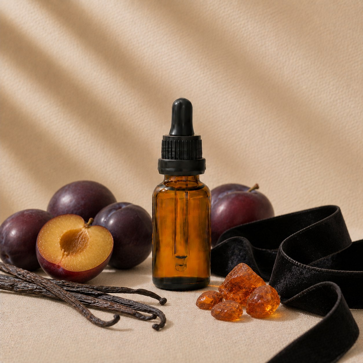 Decadent fragrance oil in an amber glass dropper bottle with dark plum, vanilla pods and amber resin
