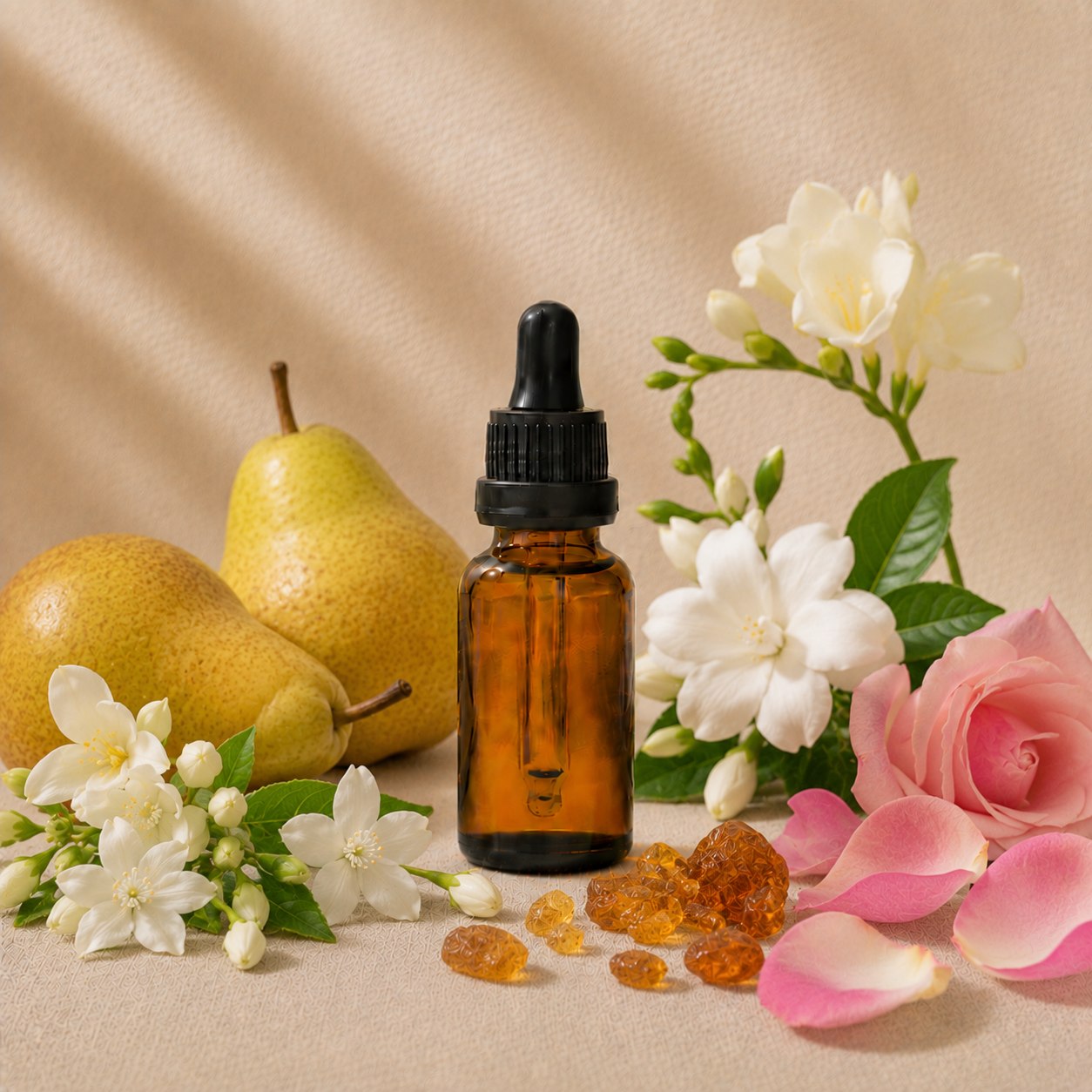 English Pear and Freesia fragrance oil in an amber glass dropper bottle with ripe pears, freesia stems and jasmine