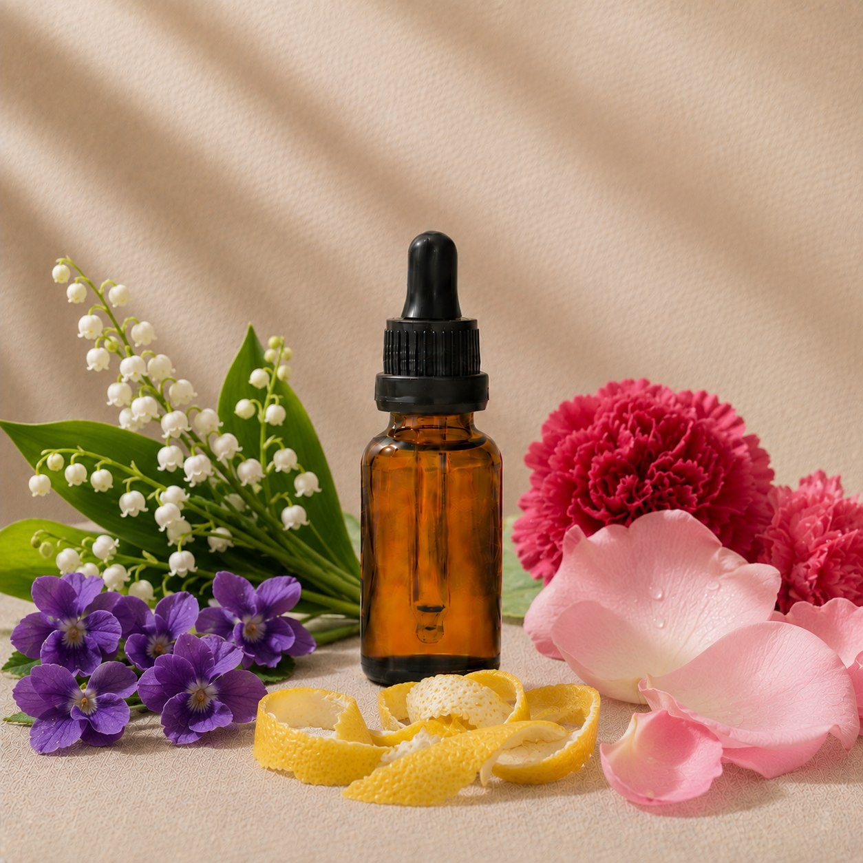 Eternal fragrance oil in an amber glass dropper bottle with lily-of-the-valley, violets and waxed rose petals