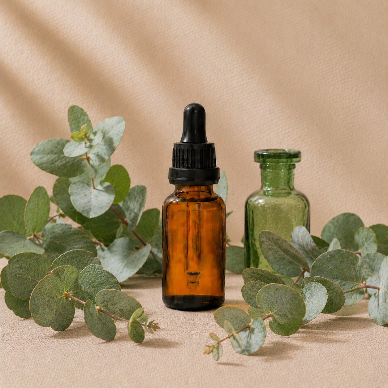 Eucalyptus fragrance oil in an amber glass dropper bottle with fresh eucalyptus branches, silvery leaves and green glass bottle