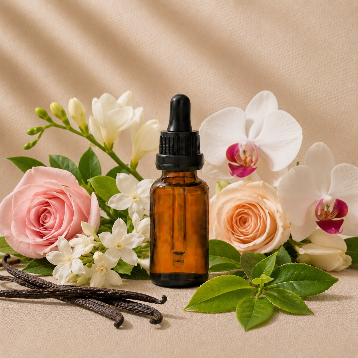 Flower Blast fragrance oil in an amber glass dropper bottle with jasmine, roses and freesia
