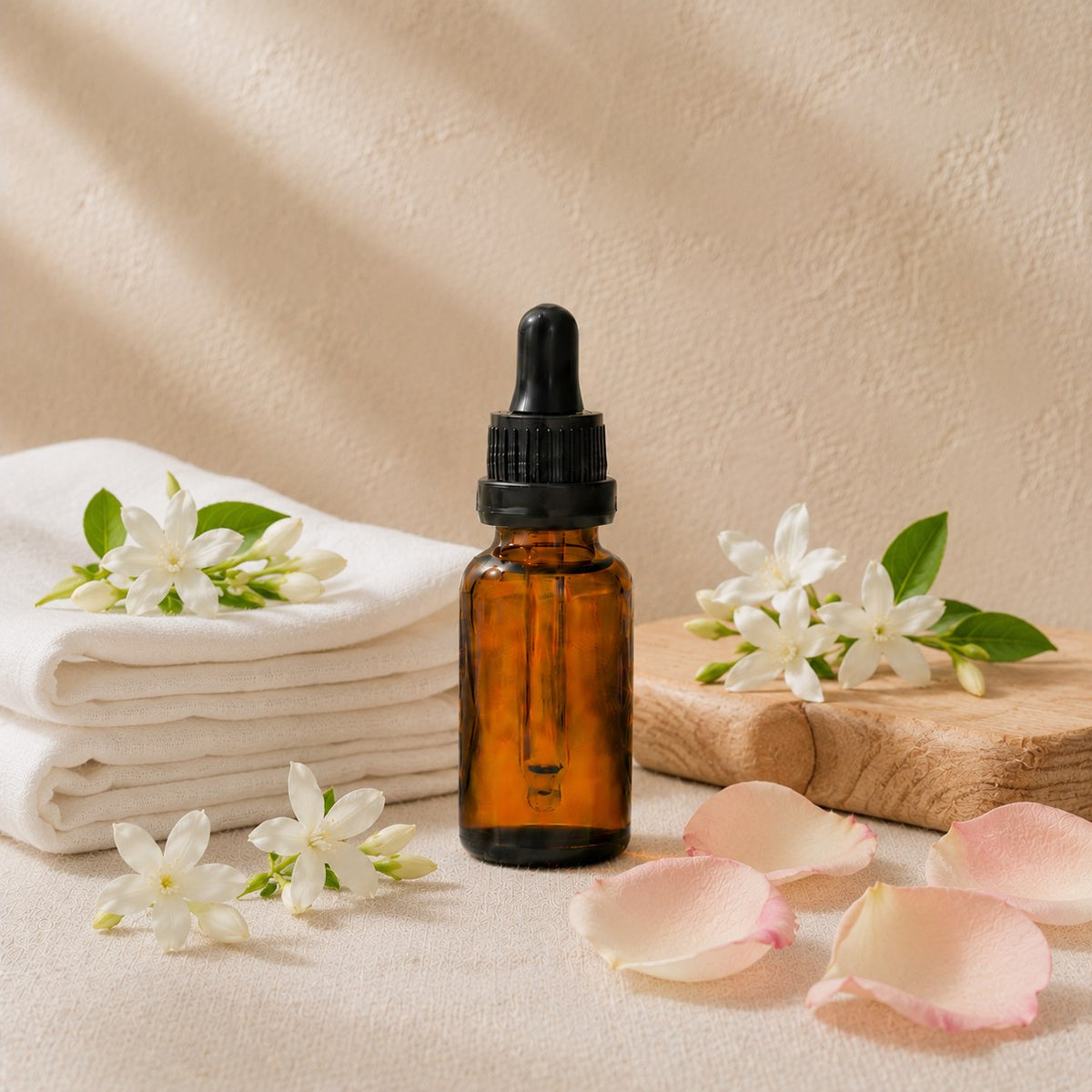 Fresh Linen fragrance oil in an amber glass dropper bottle with pressed white linen, jasmine sprigs and rose petals