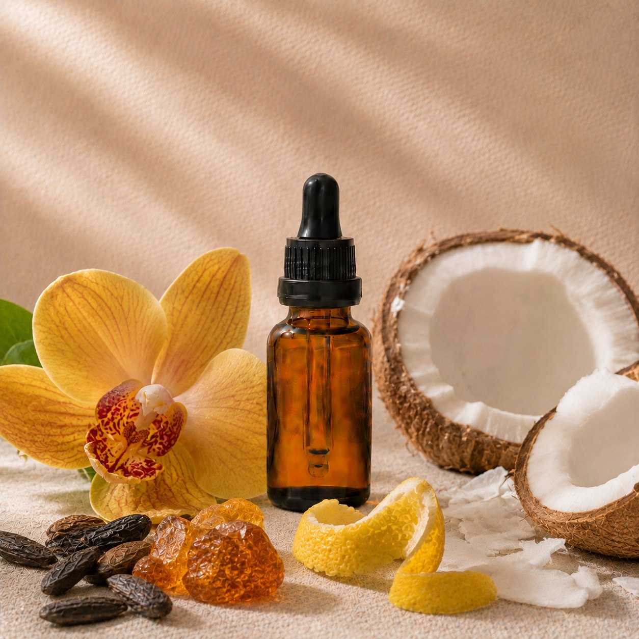 Gold Orchid fragrance oil in an amber glass dropper bottle with golden orchid bloom, lemon rind and amber resin
