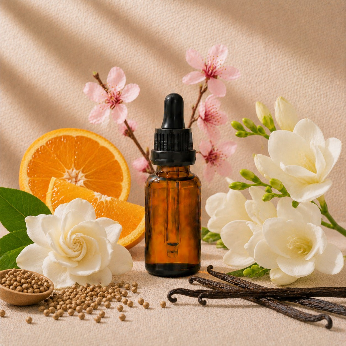 In a Rush fragrance oil in an amber glass dropper bottle with orange slices, peach blossom and gardenia