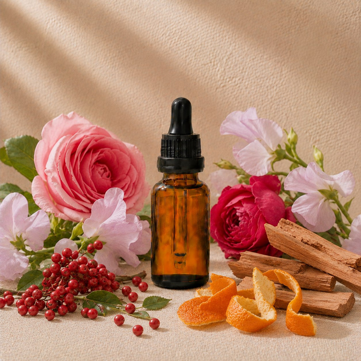 J Chew Blossom fragrance oil in an amber glass dropper bottle with red berries, sweet pea flowers and roses