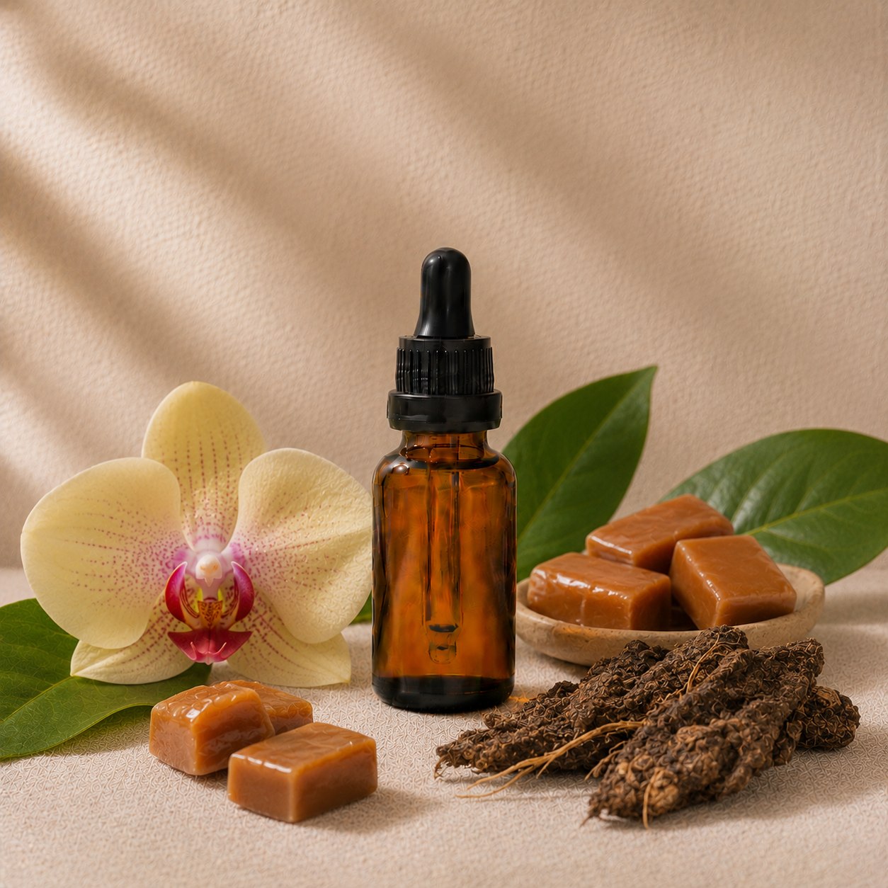 James Chew fragrance oil in an amber glass dropper bottle with orchid bloom, toffee caramel and green leaves