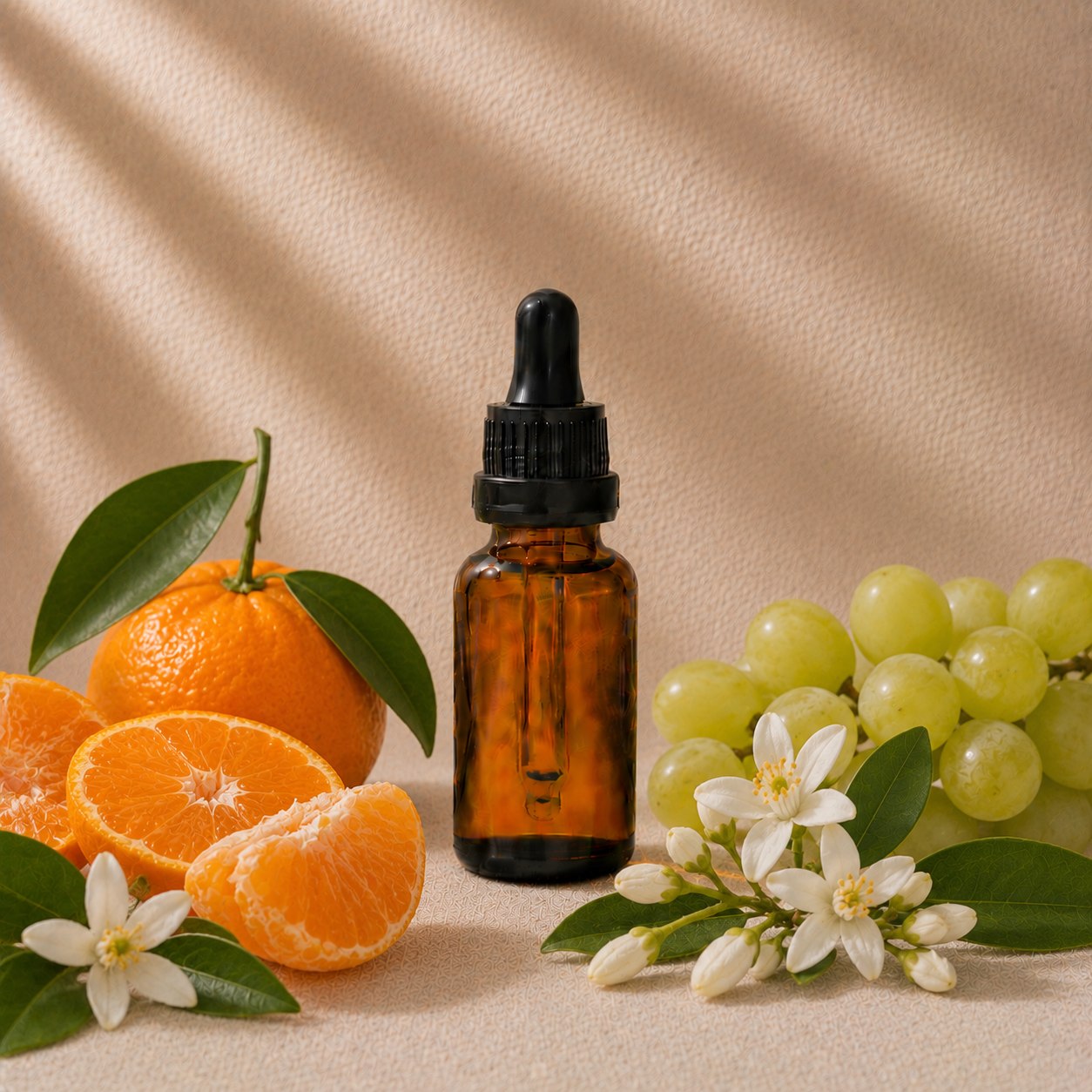 Juicy Clementine fragrance oil in an amber glass dropper bottle with clementines, grapes and orange blossom