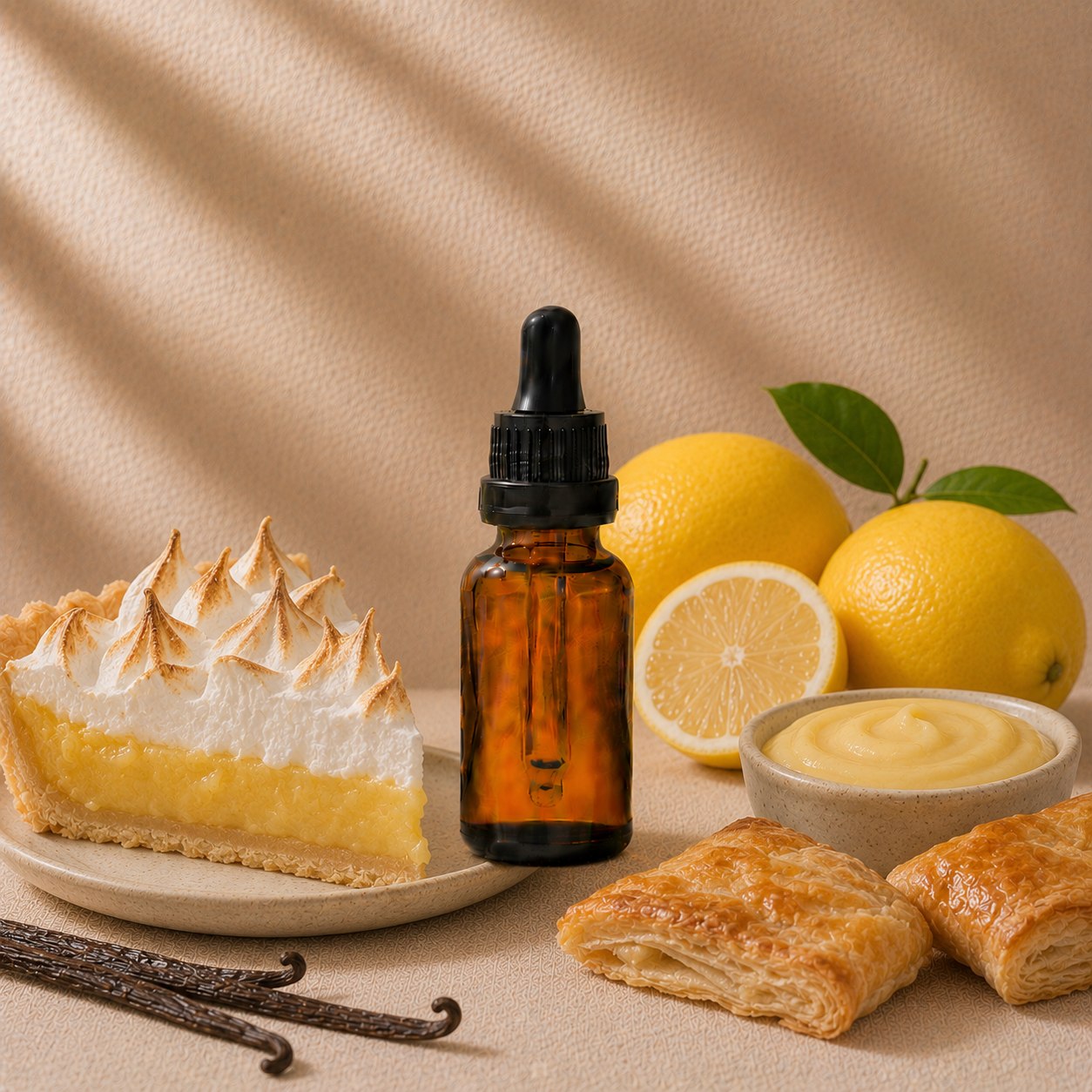 Lemon Meringue Pie fragrance oil in an amber glass dropper bottle with lemon meringue pie slice, lemons and vanilla custard