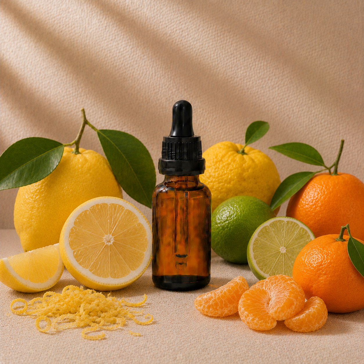 Lemon Zest fragrance oil in an amber glass dropper bottle with lemons, yuzu and limes