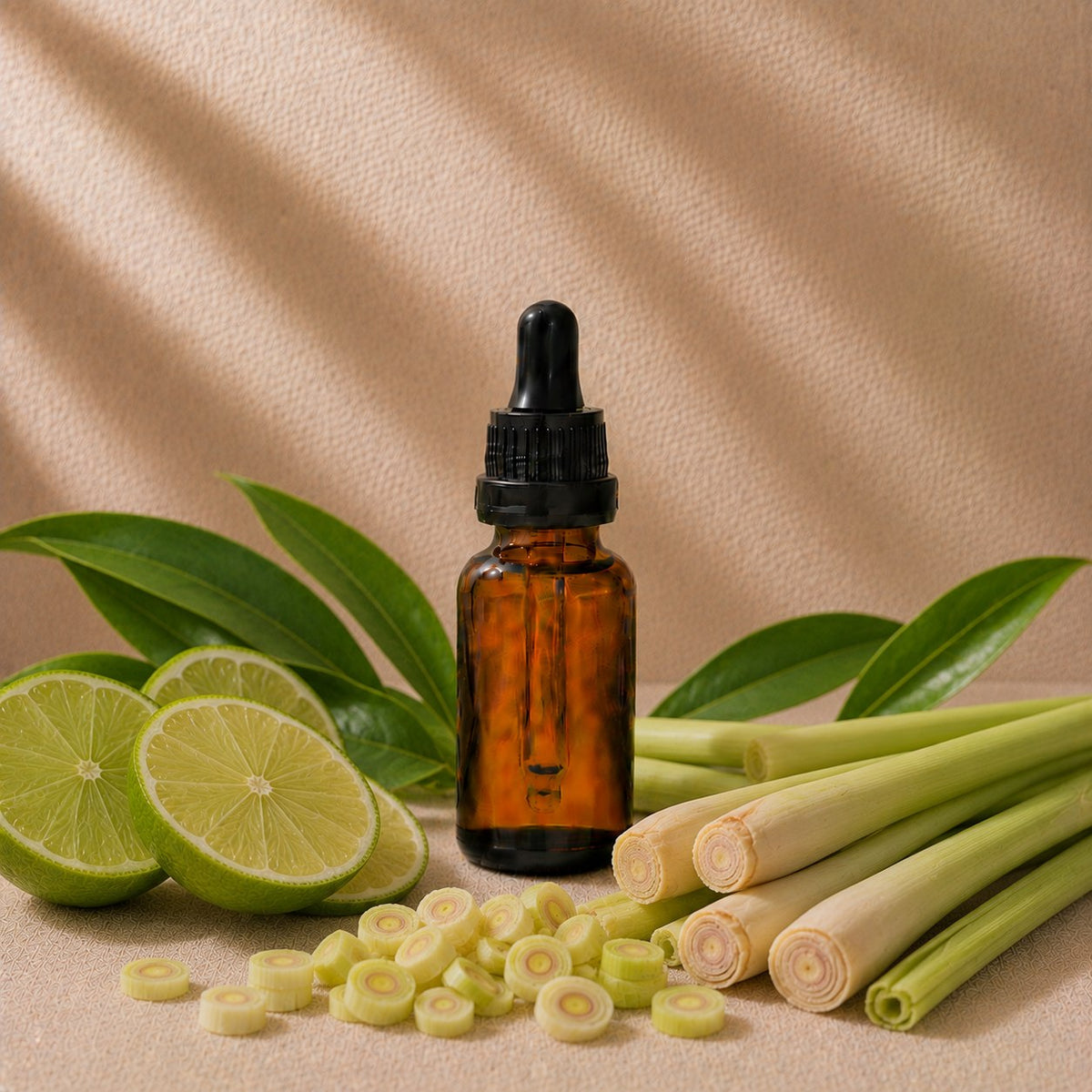 Lemongrass fragrance oil in an amber glass dropper bottle with fresh lemongrass stalks, sliced lime and green leaves