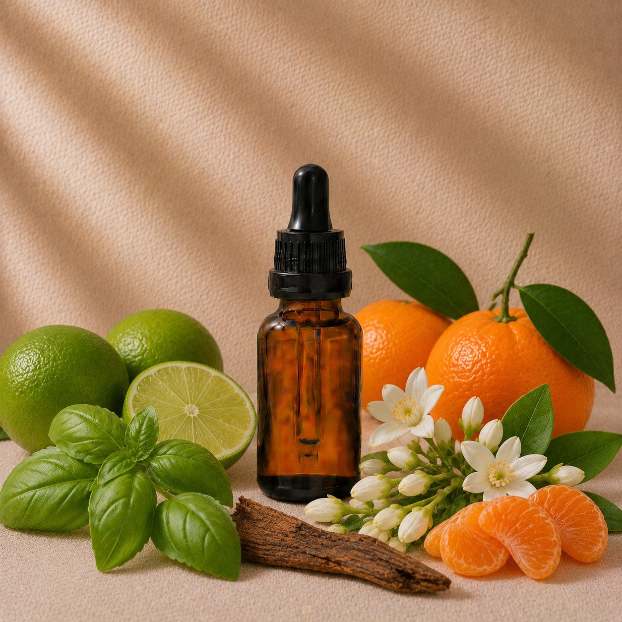 Lime, Basil and Mandarin fragrance oil in an amber glass dropper bottle with limes, basil leaves and mandarins