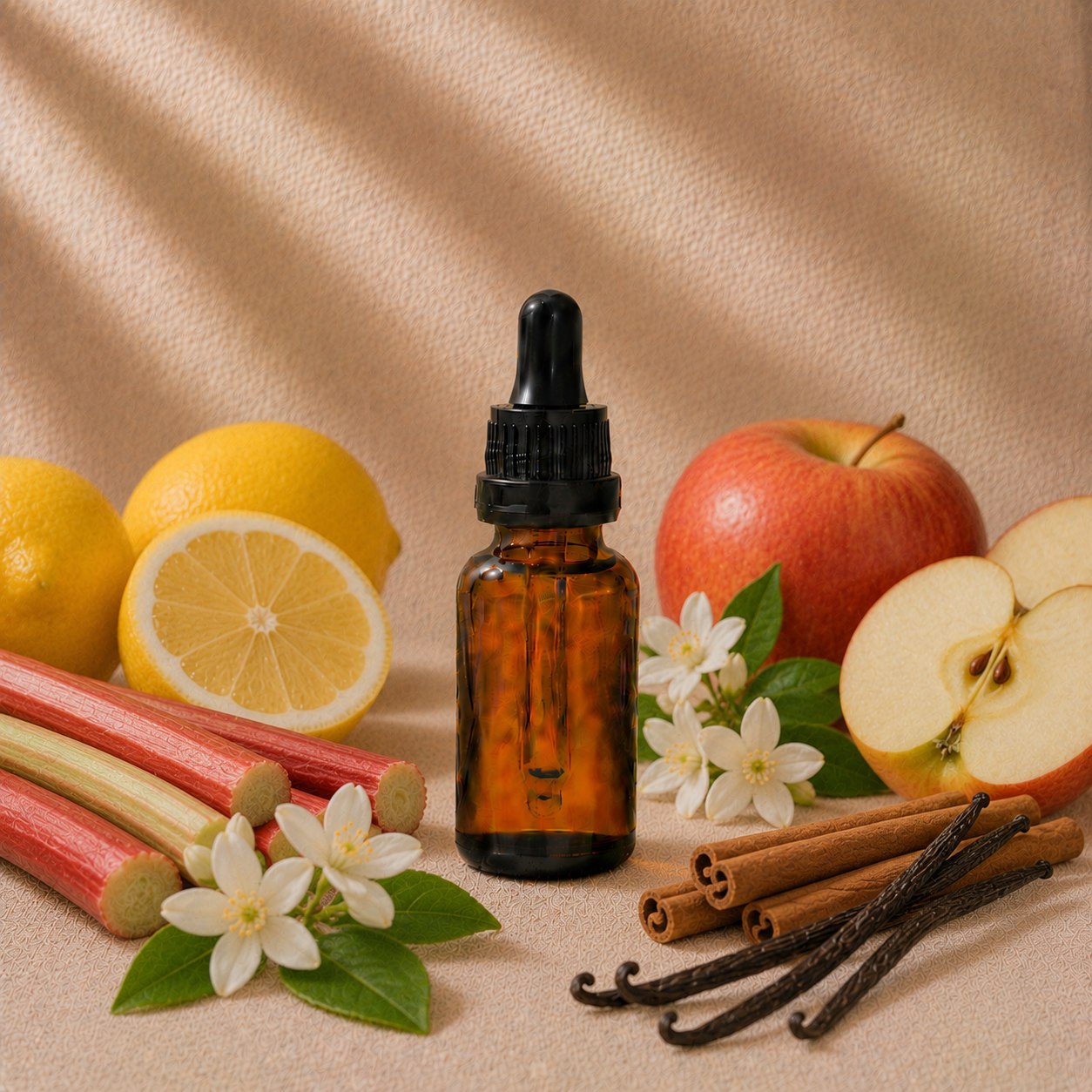 Madame fragrance oil in an amber glass dropper bottle with lemons, rhubarb stalks and crisp apples