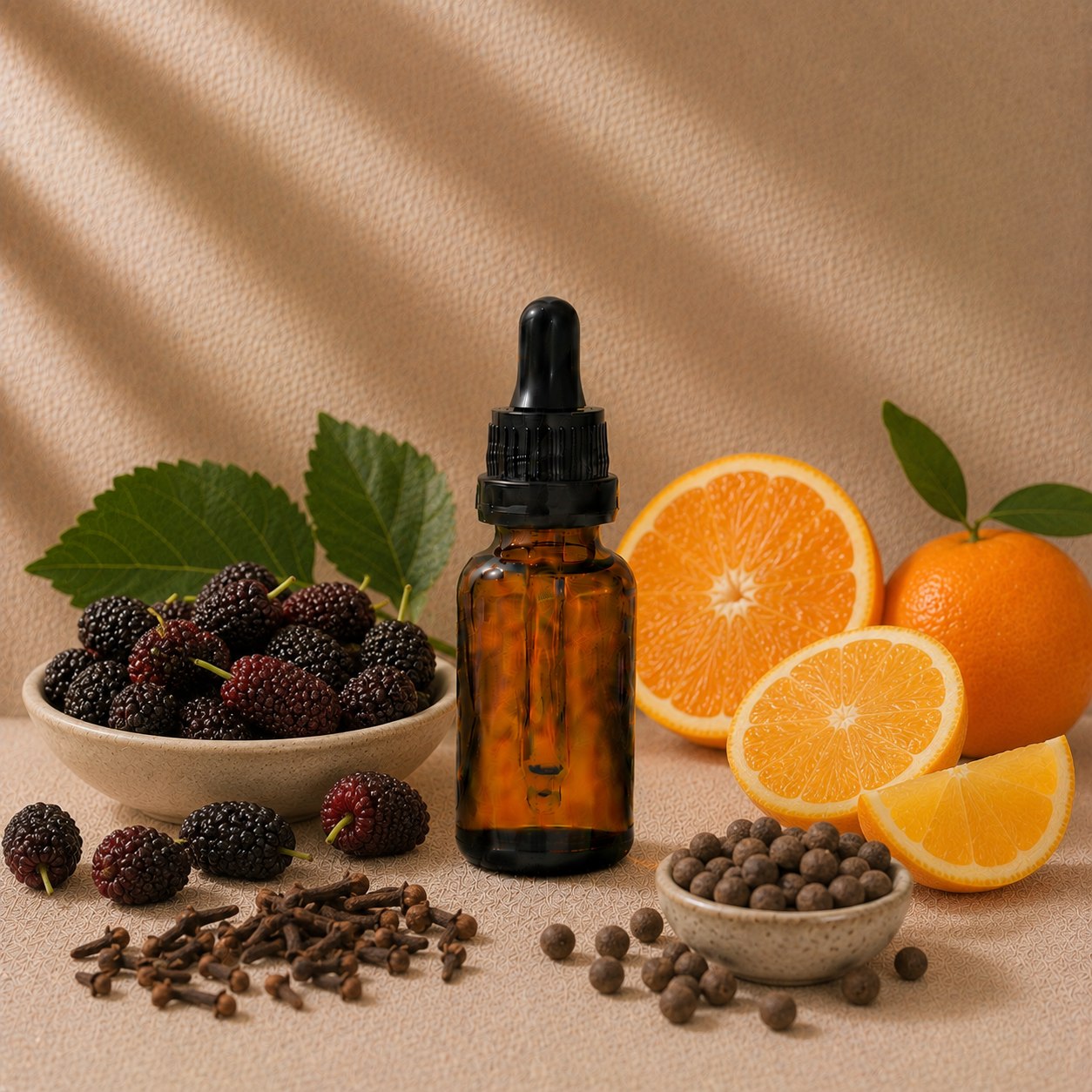 Mulberry Spice fragrance oil in an amber glass dropper bottle with mulberries, whole cloves and allspice berries