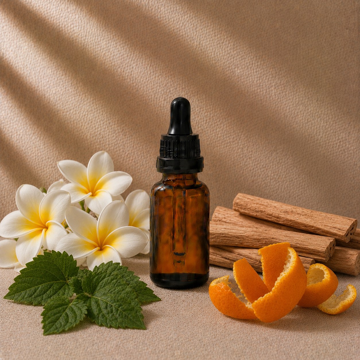 Nag Champa fragrance oil in an amber glass dropper bottle with frangipani flowers, sandalwood sticks and patchouli leaves