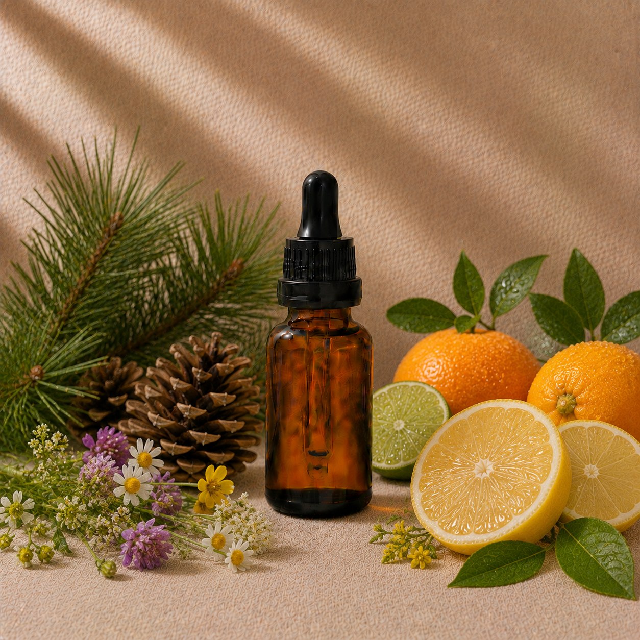 Pine fragrance oil in an amber glass dropper bottle with pine branches, pine cones and meadow flowers