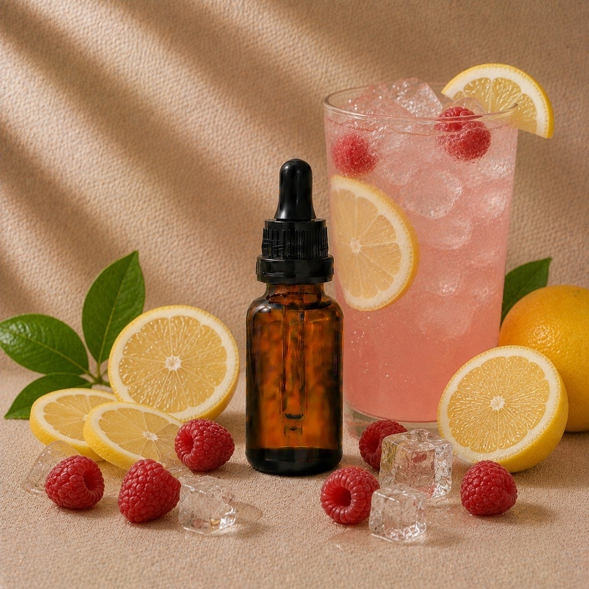 Pink Lemonade fragrance oil in an amber glass dropper bottle with glass of pink lemonade, sliced lemons and raspberries